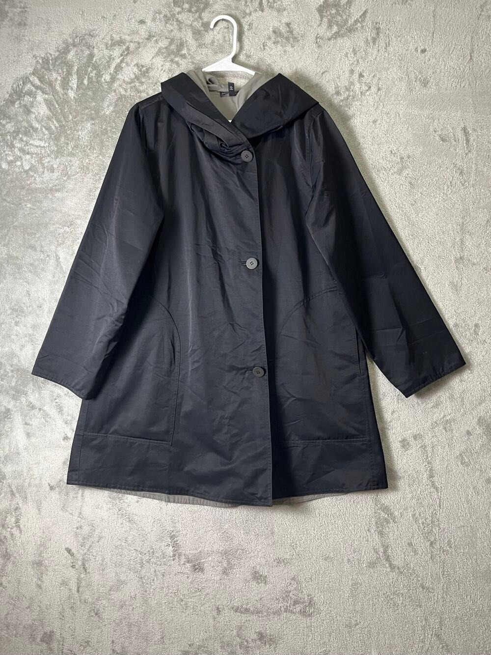 Eileen Fisher Reversible Hooded Raincoat Jacket Gray Black Women Small